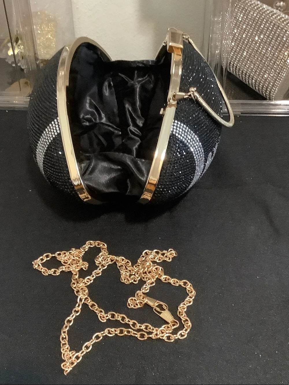 Black Crystal Football Clutch Bag with silver and gold handle